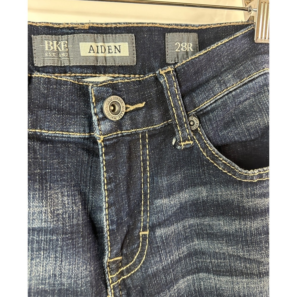 BKE Aiden Jeans Mens 28 Dark Wash Blue Boot Leg Bootcut Denim Stretch Whiskering - Picture 5 of 12
